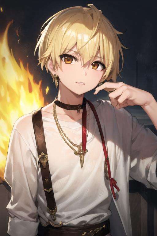 masterpiece, best quality, high quality, 1boy, solo, male focus, looking at viewer, upper body, <lora:alibaba_saluja:0.66>, alibaba_saluja, blonde hair, jewelry, brown eyes, fire, shirt