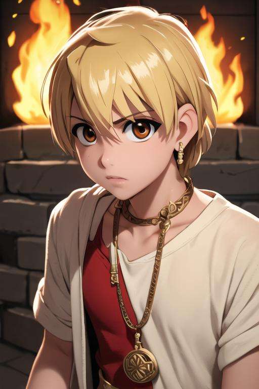 masterpiece, best quality, high quality, 1boy, solo, male focus, looking at viewer, upper body, <lora:alibaba_saluja:0.78>, alibaba_saluja, blonde hair, jewelry, brown eyes, fire,