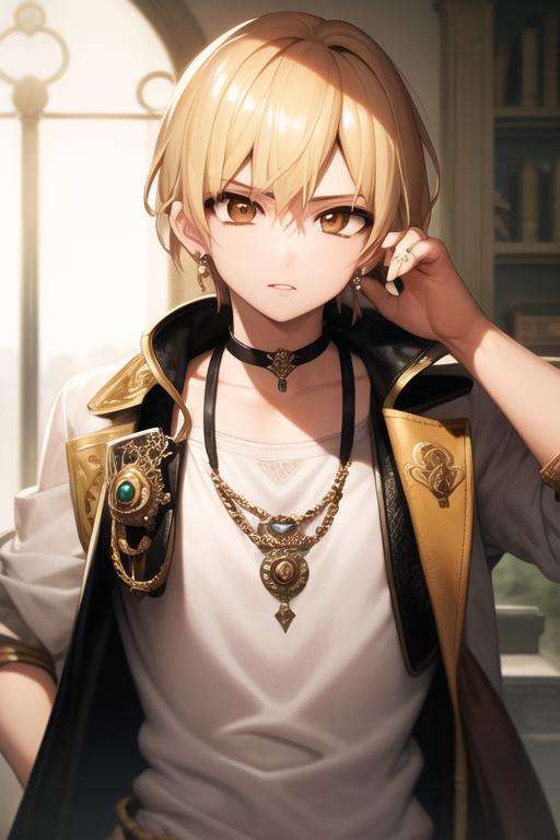 masterpiece, best quality, high quality, 1boy, solo, male focus, looking at viewer, upper body, <lora:alibaba_saluja:0.52>, alibaba_saluja, blonde hair, jewelry, brown eyes, , jacket