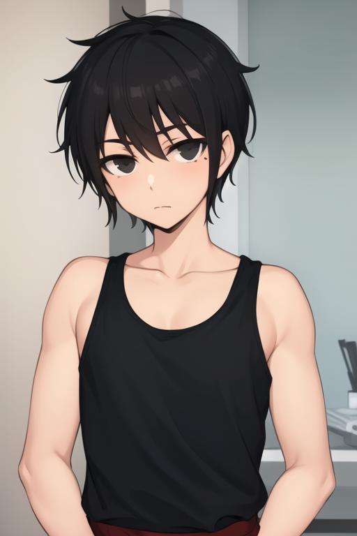 masterpiece, best quality, high quality, 1boy, solo, male focus, looking at viewer, upper body, <lora:hatz_kami_no_tou:0.62>, hatz_kami_no_tou, black hair, black eyes, , tank top