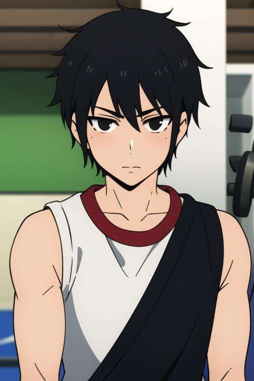 masterpiece, best quality, high quality, 1boy, solo, male focus, looking at viewer, upper body, <lora:hatz_kami_no_tou:0.52>, hatz_kami_no_tou, black hair, black eyes, , gym uniform