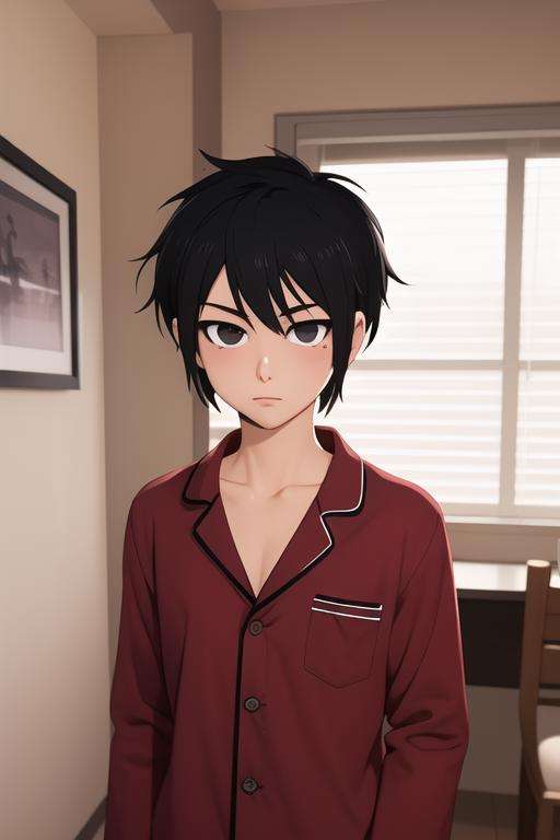 masterpiece, best quality, high quality, 1boy, solo, male focus, looking at viewer, upper body, <lora:hatz_kami_no_tou:0.64>, hatz_kami_no_tou, black hair, black eyes, , pajamas