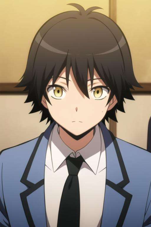 masterpiece, best quality, high quality, 1boy, solo, male focus, looking at viewer, upper body, <lora:isogai_yuuma:0.84>, isogai_yuuma, black hair, yellow eyes, school uniform, necktie