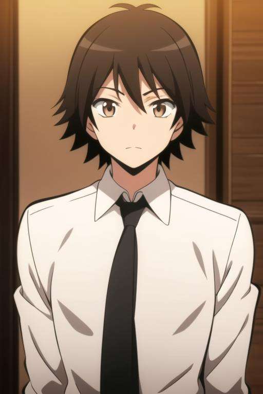 masterpiece, best quality, high quality, 1boy, solo, male focus, looking at viewer, upper body, <lora:isogai_yuuma:0.74>, isogai_yuuma, brown hair, brown eyes, school uniform, necktie