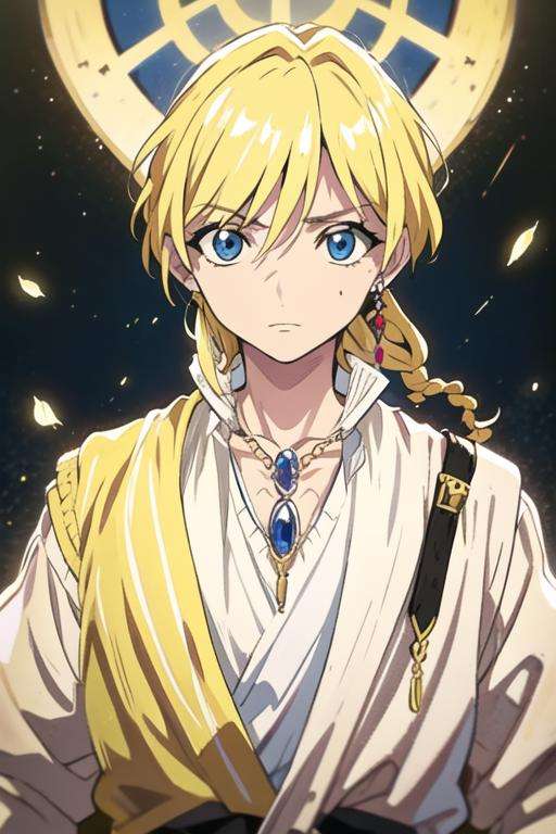 masterpiece, best quality, high quality, 1boy, solo, male focus, looking at viewer, upper body, <lora:titus_alexius:0.78>, titus_alexius, blonde hair, jewelry, blue eyes, , braid, shirt