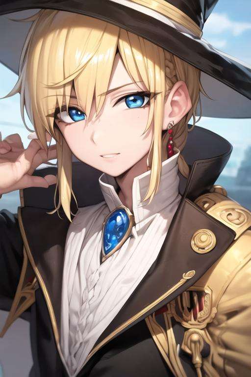 masterpiece, best quality, high quality, 1boy, solo, male focus, looking at viewer, upper body, <lora:titus_alexius:0.72>, titus_alexius, blonde hair, jewelry, blue eyes, hat, braid, jacket