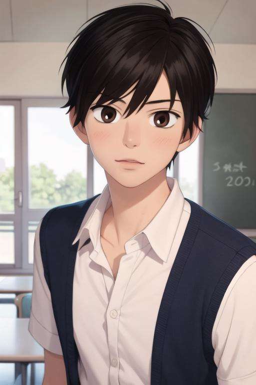 masterpiece, best quality, high quality, 1boy, solo, male focus, looking at viewer, upper body, <lora:shouta_kazehaya:0.70>, shouta_kazehaya, black hair, brown eyes, , school uniform