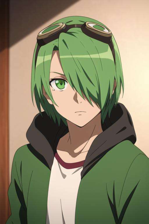 masterpiece, best quality, high quality, 1boy, solo, male focus, looking at viewer, upper body, <lora:lubbock:0.74>,lubbock, green hair, green eyes, hair over one eye, goggles on head, jacket,