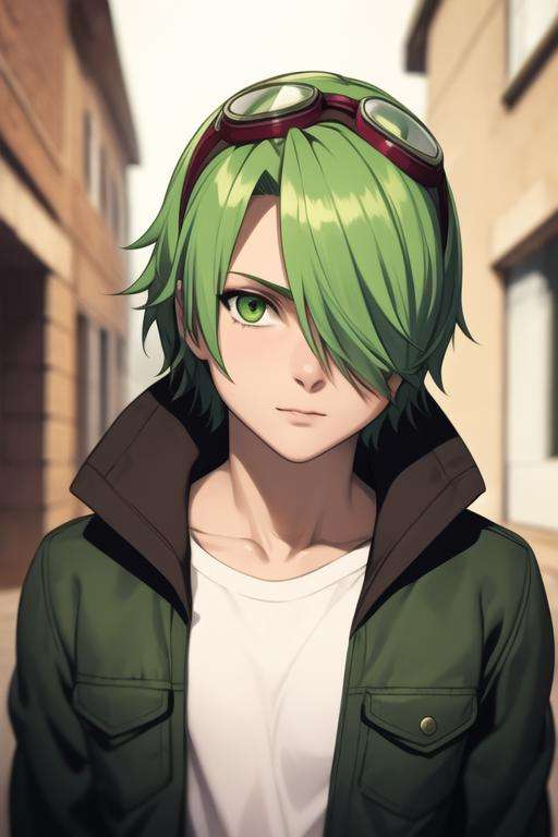 masterpiece, best quality, high quality, 1boy, solo, male focus, looking at viewer, upper body, <lora:lubbock:0.74>,lubbock, green hair, green eyes, hair over one eye, goggles on head, jacket, <lora:Realism-10:0.20>, Realism