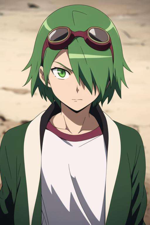 masterpiece, best quality, high quality, 1boy, solo, male focus, looking at viewer, upper body, <lora:lubbock:0.74>,lubbock, green hair, green eyes, hair over one eye, goggles on head, jacket, <lora:animemix_v3_offset:0.70>