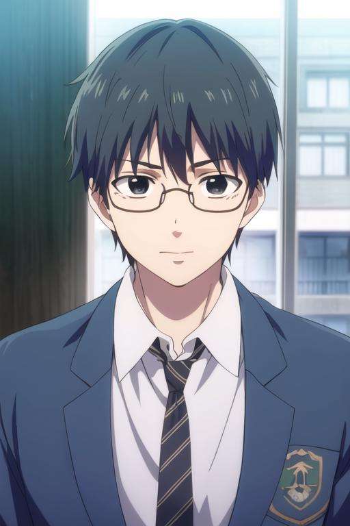 masterpiece, best quality, high quality, 1boy, solo, male focus, looking at viewer, upper body, <lora:takezou_kurata:0.70>, takezou_kurata, black hair, black eyes, glasses, , school uniform