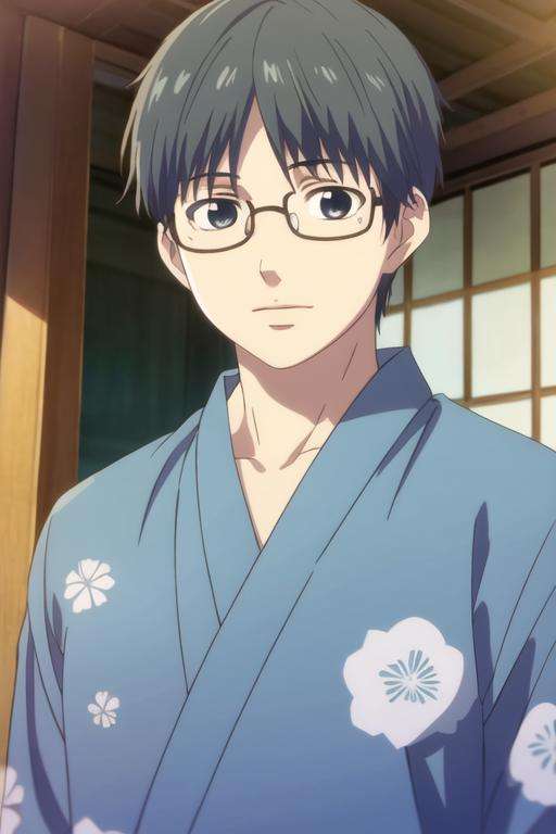 masterpiece, best quality, high quality, 1boy, solo, male focus, looking at viewer, upper body, <lora:takezou_kurata:0.78>, takezou_kurata, black hair, glasses, black eyes, realistic, yukata