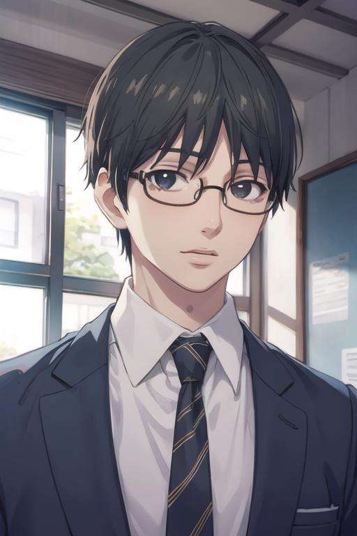 masterpiece, best quality, high quality, 1boy, solo, male focus, looking at viewer, upper body, <lora:takezou_kurata:0.72>, takezou_kurata, black hair, glasses, black eyes, realistic, formal, necktie, dress shirt