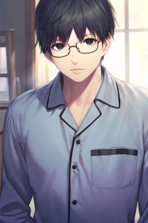 masterpiece, best quality, high quality, 1boy, solo, male focus, looking at viewer, upper body, <lora:takezou_kurata:0.78>, takezou_kurata, black hair, glasses, black eyes, realistic, pajamas