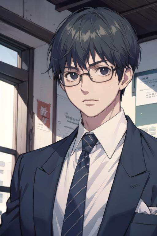 masterpiece, best quality, high quality, 1boy, solo, male focus, looking at viewer, upper body, <lora:takezou_kurata:0.64>, takezou_kurata, black hair, glasses, black eyes, , formal, necktie, dress shirt