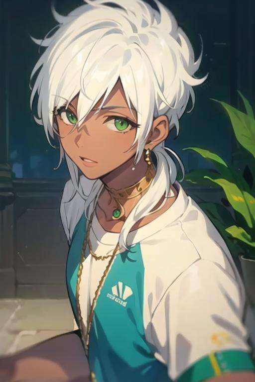 masterpiece, best quality, high quality, 1boy, solo, male focus, looking at viewer, upper body, <lora:sharrkan_amun-ra:0.62>, sharrkan_amun-ra, jewelry, white hair, green eyes, sportswear