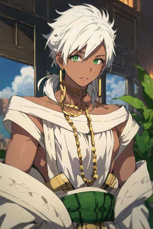 masterpiece, best quality, high quality, 1boy, solo, male focus, looking at viewer, upper body, <lora:sharrkan_amun-ra:0.78>, sharrkan_amun-ra, jewelry, white hair, green eyes,