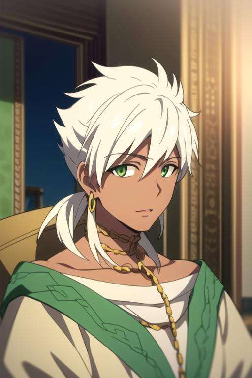 masterpiece, best quality, high quality, 1boy, solo, male focus, looking at viewer, upper body, <lora:sharrkan_amun-ra:0.72>, sharrkan_amun-ra, jewelry, white hair, green eyes,