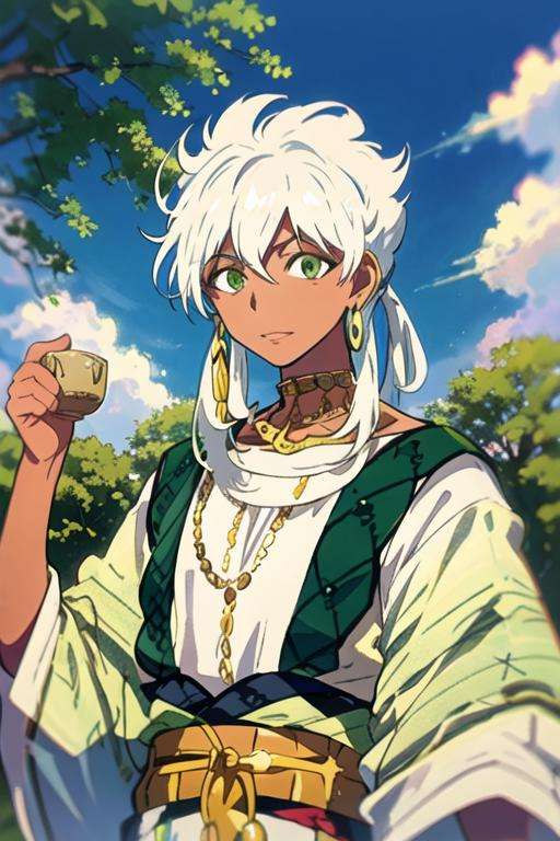 masterpiece, best quality, high quality, 1boy, solo, male focus, looking at viewer, upper body, <lora:sharrkan_amun-ra:0.74>, sharrkan_amun-ra, jewelry, white hair, green eyes, yukata