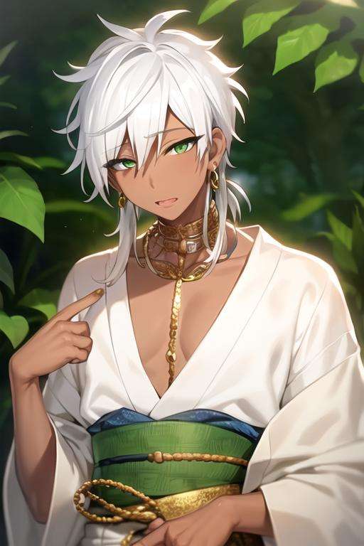 masterpiece, best quality, high quality, 1boy, solo, male focus, looking at viewer, upper body, <lora:sharrkan_amun-ra:0.58>, sharrkan_amun-ra, jewelry, white hair, green eyes, yukata