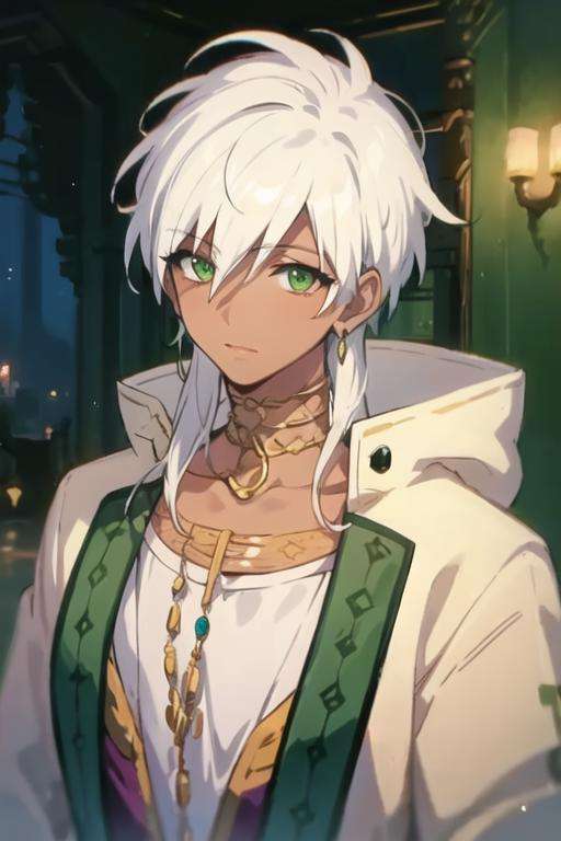 masterpiece, best quality, high quality, 1boy, solo, male focus, looking at viewer, upper body, <lora:sharrkan_amun-ra:0.62>, sharrkan_amun-ra, jewelry, white hair, green eyes, coat