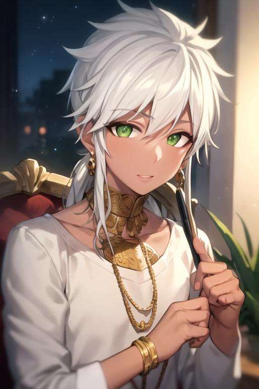 masterpiece, best quality, high quality, 1boy, solo, male focus, looking at viewer, upper body, <lora:sharrkan_amun-ra:0.52>, sharrkan_amun-ra, jewelry, white hair, green eyes, pajamas