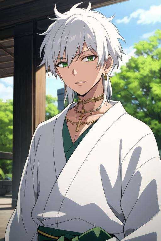 masterpiece, best quality, high quality, 1boy, solo, male focus, looking at viewer, upper body, <lora:sharrkan_amun-ra:0.62>, sharrkan_amun-ra, jewelry, white hair, green eyes, yukata