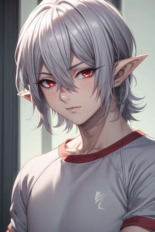 masterpiece, best quality, high quality, 1boy, solo, male focus, looking at viewer, upper body, <lora:mihai_florescu:0.62>, mihai_florescu, red eyes, silver hair, hair between eyes, pointy ears, , gym uniform