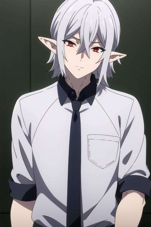 masterpiece, best quality, high quality, 1boy, solo, male focus, looking at viewer, upper body, <lora:mihai_florescu:0.60>, mihai_florescu, red eyes, silver hair, hair between eyes, pointy ears, , school uniform