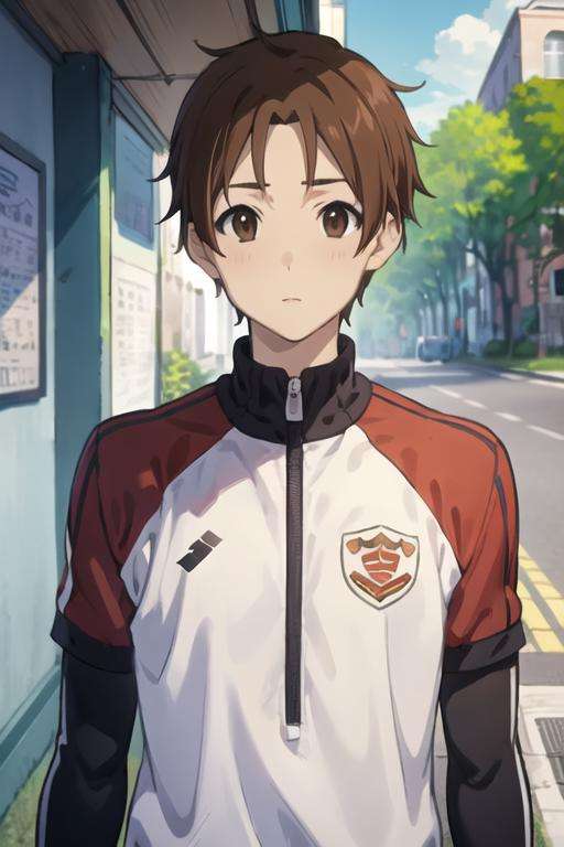 masterpiece, best quality, high quality, 1boy, solo, male focus, looking at viewer, upper body, <lora:taichi_yaegashi:0.72>, taichi_yaegashi, brown hair, brown eyes, , sportswear