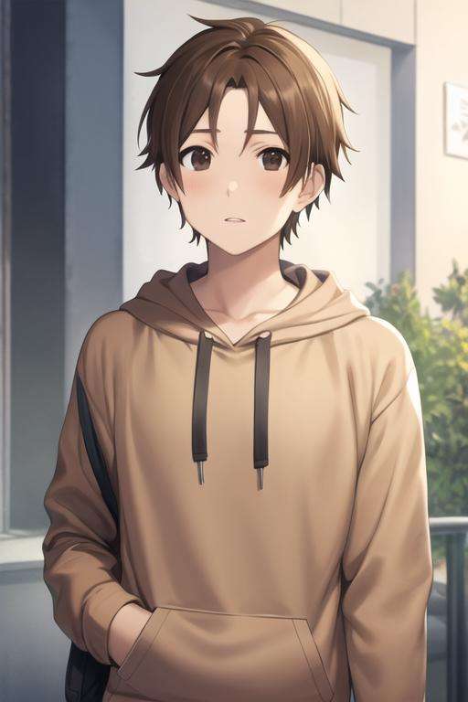 masterpiece, best quality, high quality, 1boy, solo, male focus, looking at viewer, upper body, <lora:taichi_yaegashi:0.66>, taichi_yaegashi, brown hair, brown eyes, , hoodie