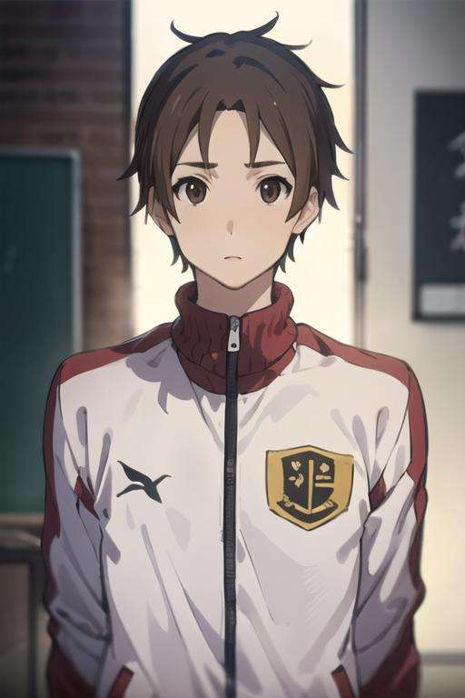 masterpiece, best quality, high quality, 1boy, solo, male focus, looking at viewer, upper body, <lora:taichi_yaegashi:0.74>, taichi_yaegashi, brown hair, brown eyes, realistic, track suit