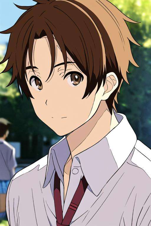 masterpiece, best quality, high quality, 1boy, solo, male focus, looking at viewer, upper body, <lora:taichi_yaegashi:0.56>, taichi_yaegashi, brown hair, brown eyes, realistic, school uniform