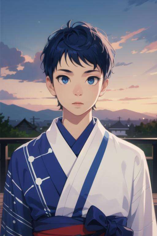 masterpiece, best quality, high quality, 1boy, solo, male focus, looking at viewer, upper body, <lora:schlain_zagan_analeit:0.74>, schlain_zagan_analeit, blue eyes, blue hair, realistic, yukata