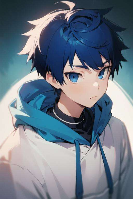 masterpiece, best quality, high quality, 1boy, solo, male focus, looking at viewer, upper body, <lora:schlain_zagan_analeit:0.68>, schlain_zagan_analeit, blue eyes, blue hair, , hoodie