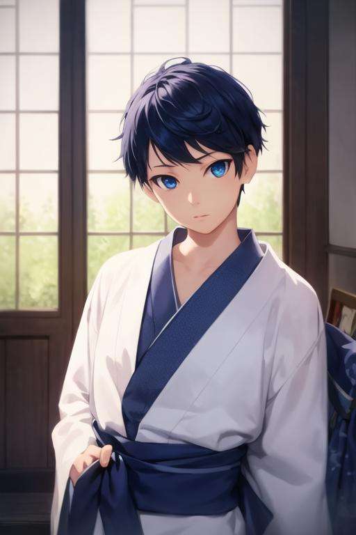 masterpiece, best quality, high quality, 1boy, solo, male focus, looking at viewer, upper body, <lora:schlain_zagan_analeit:0.74>, schlain_zagan_analeit, blue eyes, blue hair, realistic, yukata