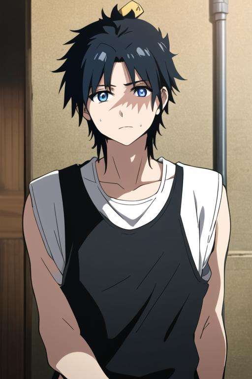 masterpiece, best quality, high quality, 1boy, solo, male focus, looking at viewer, upper body, <lora:hakuryuu_ren:0.62>, hakuryuu_ren, black hair, blue eyes, tank top