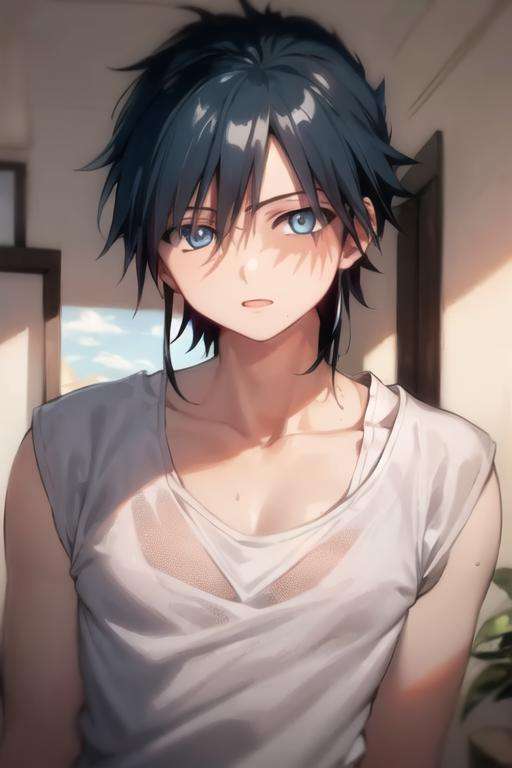 masterpiece, best quality, high quality, 1boy, solo, male focus, looking at viewer, upper body, <lora:hakuryuu_ren:0.78>, hakuryuu_ren, black hair, blue eyes, tank top