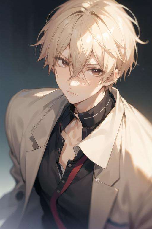 masterpiece, best quality, high quality, 1boy, solo, male focus, looking at viewer, upper body, <lora:chika_kudou:0.74>, chika_kudou, blonde hair, brown eyes, hair between eyes, , jacket