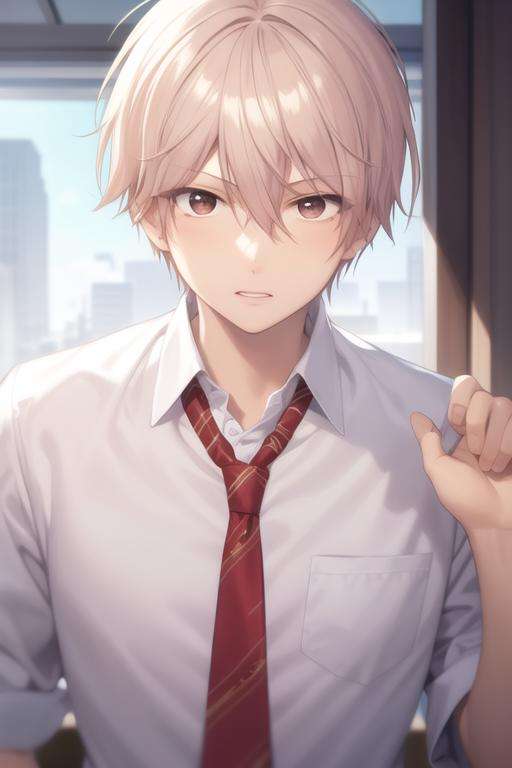 masterpiece, best quality, high quality, 1boy, solo, male focus, looking at viewer, upper body, <lora:chika_kudou:0.70>, chika_kudou, blonde hair, brown eyes, hair between eyes, , formal, necktie, dress shirt