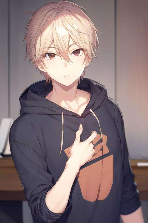 masterpiece, best quality, high quality, 1boy, solo, male focus, looking at viewer, upper body, <lora:chika_kudou:0.68>, chika_kudou, blonde hair, brown eyes, hair between eyes, , hoodie