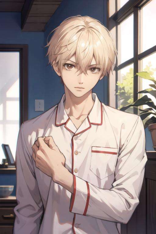 masterpiece, best quality, high quality, 1boy, solo, male focus, looking at viewer, upper body, <lora:chika_kudou:0.68>, chika_kudou, blonde hair, brown eyes, hair between eyes, , pajamas