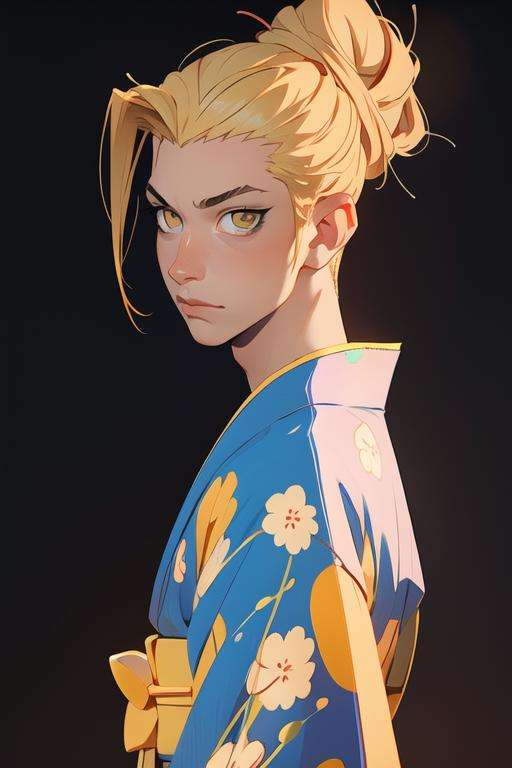 masterpiece, best quality, high quality, 1boy, solo, male focus, looking at viewer, upper body, <lora:han_sung_yu:0.70>, han_sung_yu, blonde hair, yellow eyes, single hair bun, realistic, yukata