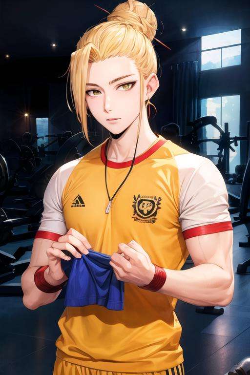 masterpiece, best quality, high quality, 1boy, solo, male focus, looking at viewer, upper body, <lora:han_sung_yu:0.70>, han_sung_yu, blonde hair, yellow eyes, single hair bun, , gym uniform