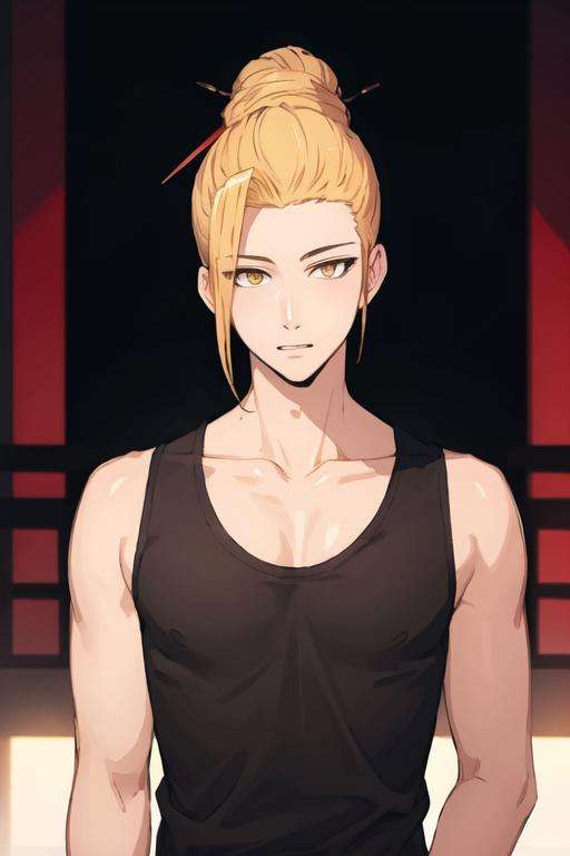 masterpiece, best quality, high quality, 1boy, solo, male focus, looking at viewer, upper body, <lora:han_sung_yu:0.66>, han_sung_yu, blonde hair, yellow eyes, single hair bun, , tank top