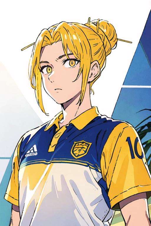 masterpiece, best quality, high quality, 1boy, solo, male focus, looking at viewer, upper body, <lora:han_sung_yu:0.58>, han_sung_yu, blonde hair, yellow eyes, single hair bun, , sportswear