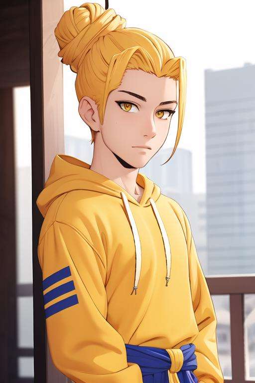 masterpiece, best quality, high quality, 1boy, solo, male focus, looking at viewer, upper body, <lora:han_sung_yu:0.70>, han_sung_yu, blonde hair, yellow eyes, single hair bun, , hoodie