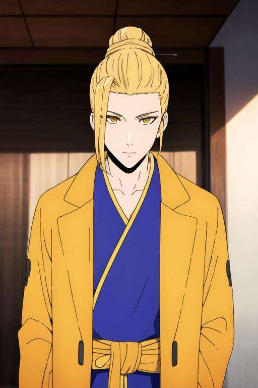 masterpiece, best quality, high quality, 1boy, solo, male focus, looking at viewer, upper body, <lora:han_sung_yu:0.66>, han_sung_yu, blonde hair, yellow eyes, single hair bun, , coat