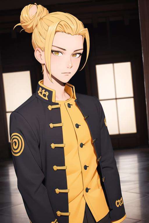 masterpiece, best quality, high quality, 1boy, solo, male focus, looking at viewer, upper body, <lora:han_sung_yu:0.54>, han_sung_yu, blonde hair, yellow eyes, single hair bun, , gakuran