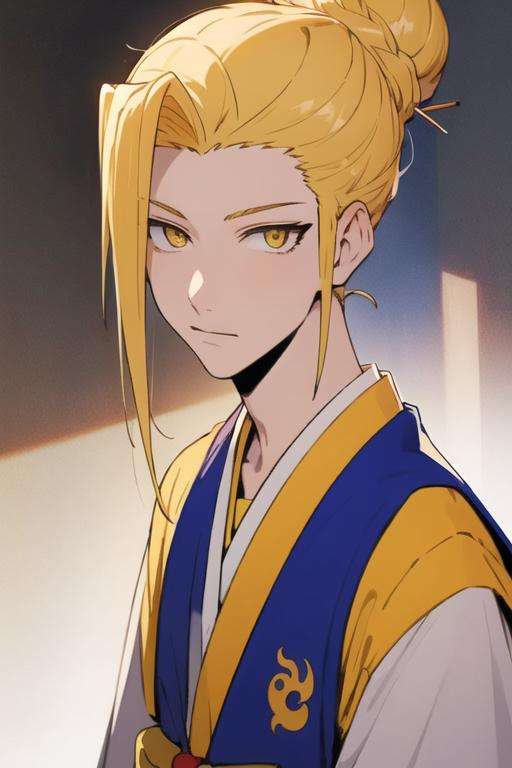 masterpiece, best quality, high quality, 1boy, solo, male focus, looking at viewer, upper body, <lora:han_sung_yu:0.72>, han_sung_yu, blonde hair, yellow eyes, single hair bun, , school uniform